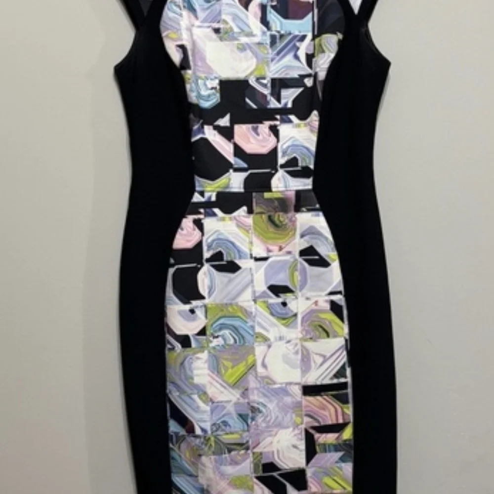 Ted Baker Black Midi Dress w/Pastel Mosaic Panel